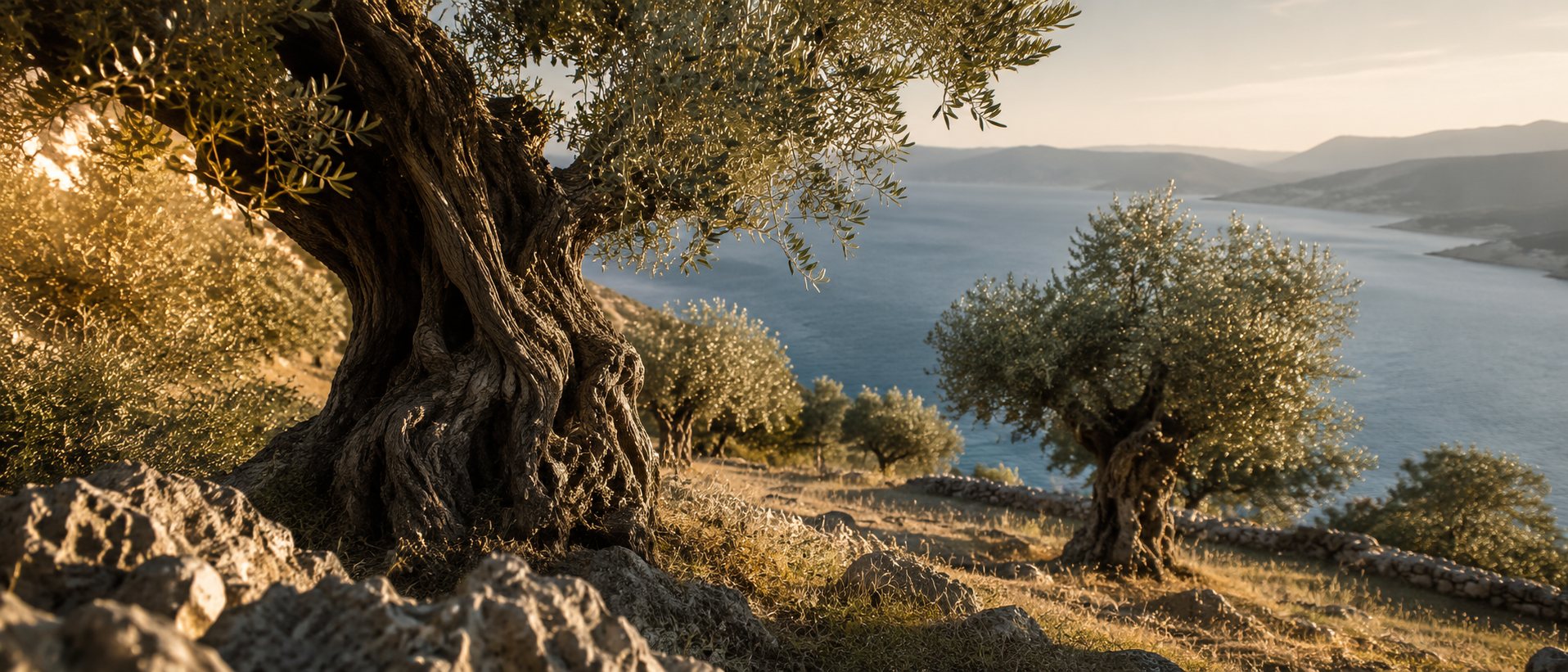 Ancient olive grove on the Aegean coast at harvest light