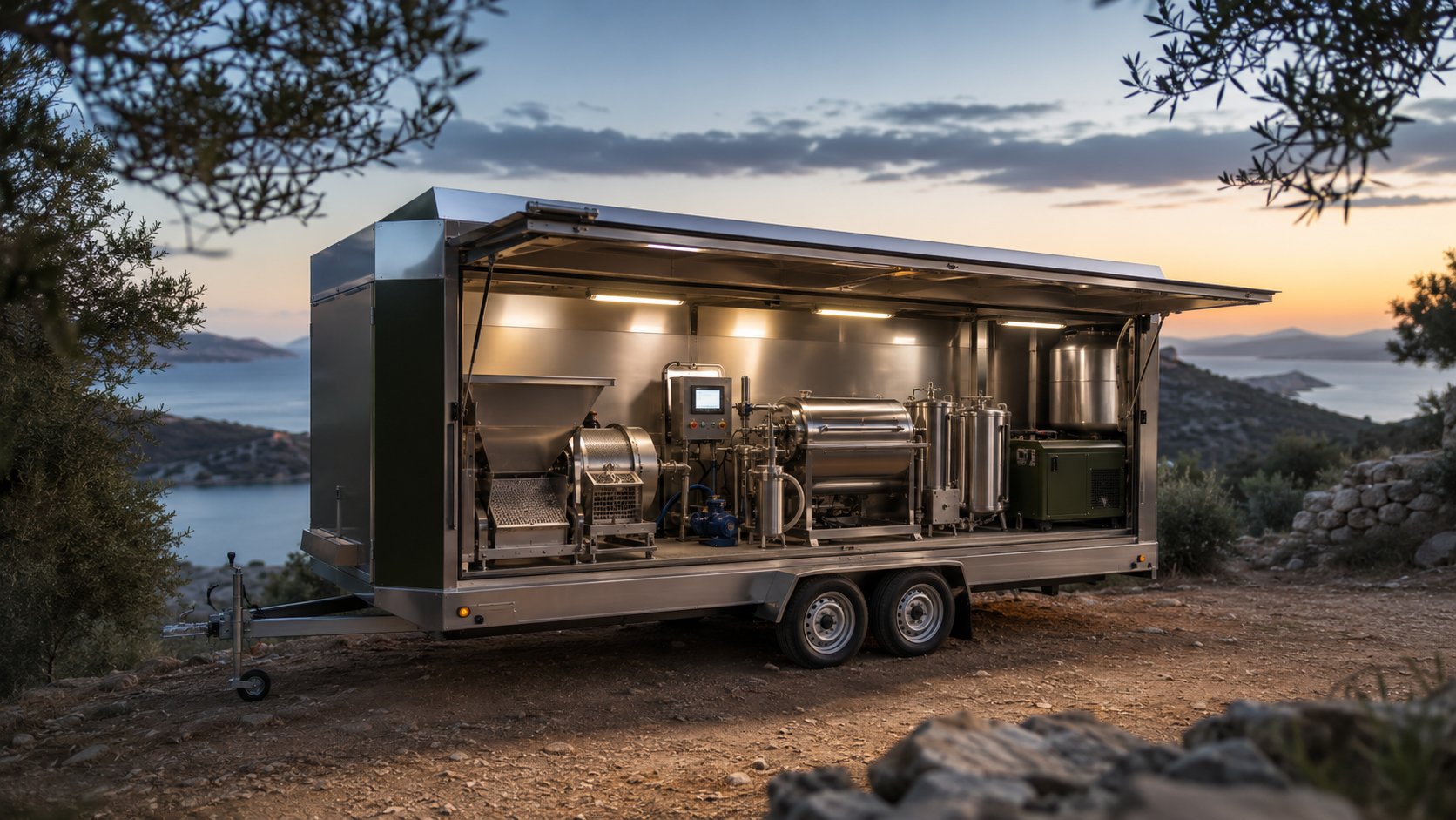 Mobile stainless olive-oil pressing unit at dusk beside an Aegean grove